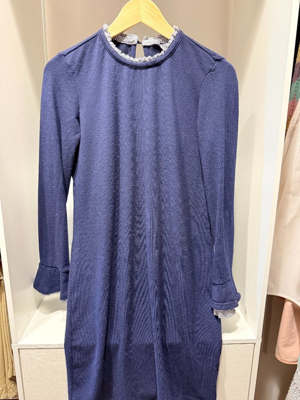 Sharagano Navy Sweater Dress Striped Ruffle Trim Medium